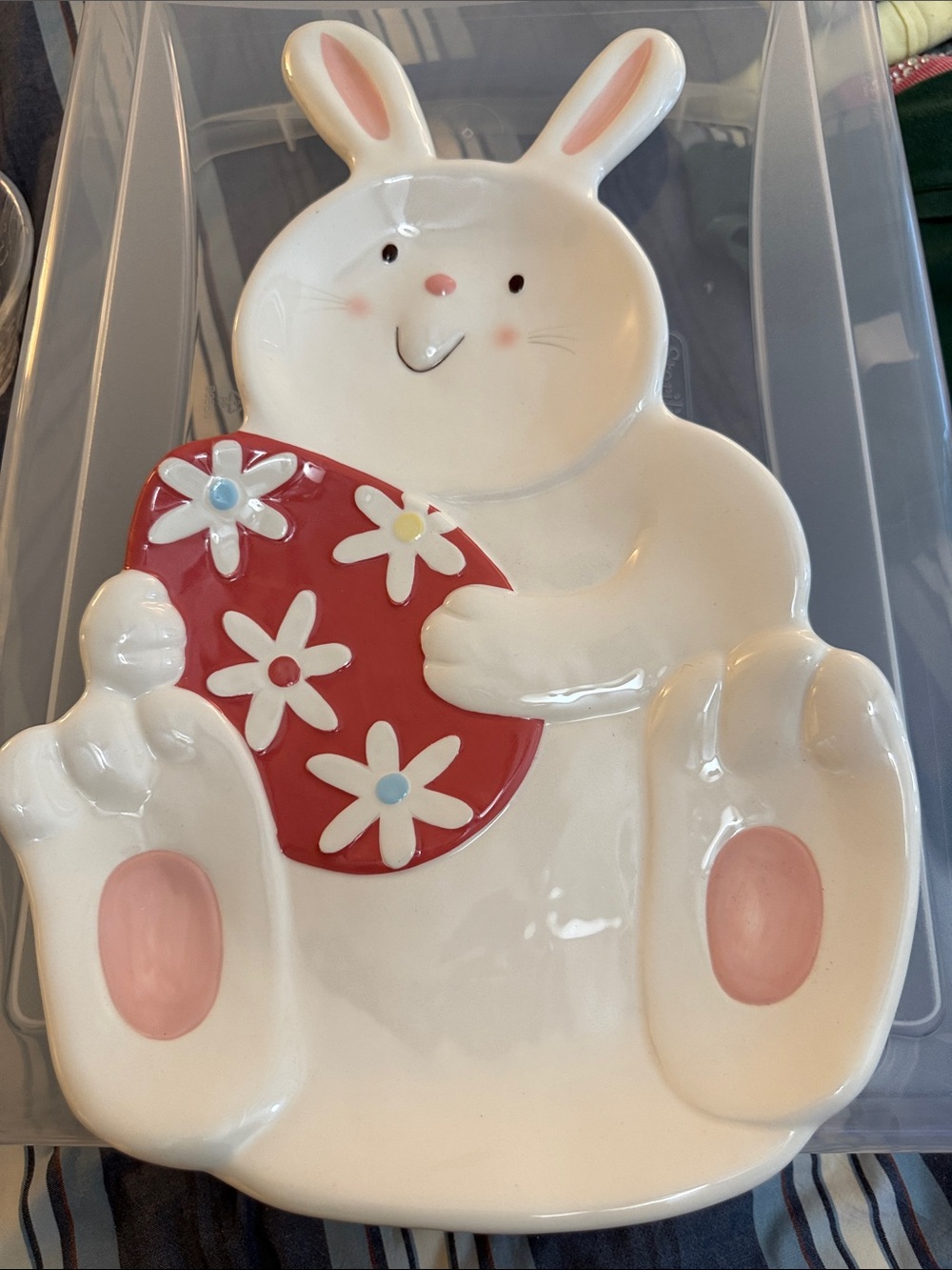 White Bunny Ceramic Serving Platter with Pink Accent